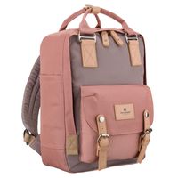 różowo-szary plecak damski z poliestru i skóry ekologicznej, jednokomorowy