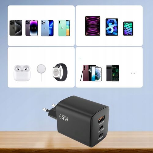 ŁADOWARKA SIECIOWA SZYBKA 65W GaN USB 2x USB-C PD QC 4.0 MOCNA UNIWERSALNA na Arena.pl