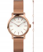 Zegarek damski złoty Timex bransoletka z dodatkową biżuterią w zestawie
