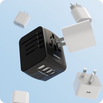 Wtyczka światowa VOOMY - 170+ krajów, 20W, 3 USB-A & 1 USB-C, Czarna na Arena.pl