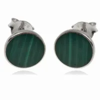 DELIKATNE OKRĄGŁE SREBRNE KOLCZYKI KÓŁKA 8MM WKRĘTKI ZIELONY MALACHIT SREBR