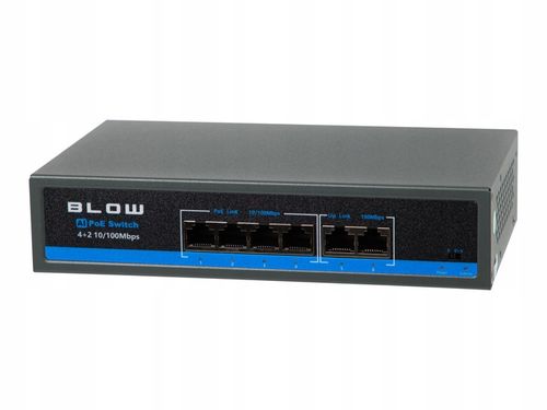 SWITCH POE DO KAMER 4xPOE 100Mbps 2xUpLINK 75W BLOW Extend mode na Arena.pl