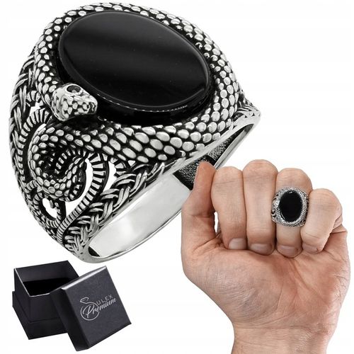 Sygnet srebrny Wąż pr. 925 Pierścień z Owalnym Onyksem i wężem | r. 20 na Arena.pl