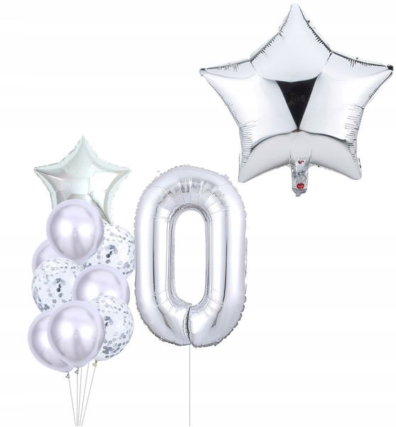 Balony Urodzinowe 10Szt Srebrny Konfetti Litera 0 zdjęcie 6