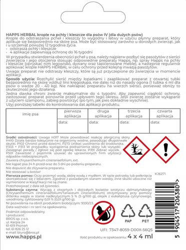 HAPPS Herbal krople na pchły i kleszcze dla psów dużych 20-40 kg, 4x4 ml na Arena.pl