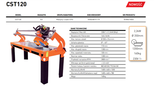 NORTON CLIPPER CST120 PIŁA PILARKA PRZECINARKA MURARSKA STOŁOWA STOLIKOWA DO MATERIAŁÓW BUDOWLANYCH Ø 350 2.2kW - EWIMAX - OFICJALNY DYSTRYBUTOR - AUTORYZOWANY DEALER NORTON CLIPPER na Arena.pl
