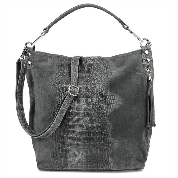 VERA PELLE torebka zamszowa worek kroko z paskiem na ramię V476 c.szara zdjęcie 2