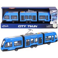 tramwaj przegubowy niebieski światło dźwięk drzwi