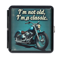 Metalowa Papierośnica z Nadrukiem Niebieskiego Motocykla w Stylu Retro