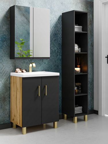 Szafka łazienkowa VIKI 50 z umywalką czarny/dąb craft złoty na Arena.pl