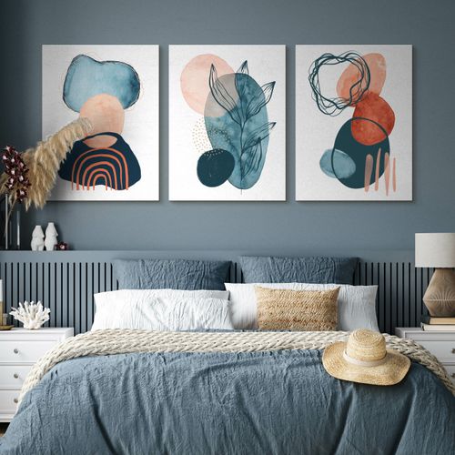 OBRAZY DO SALONU SET AKWARELE ABSTRAKCYJNE KSZTAŁTY LIŚCIE BOHO 90cm x 40cm na Arena.pl