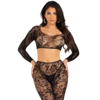 leg avenue zestaw top z koronki chantilly i rajstopy bez stop one size