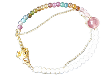 Regulowana bransoletka z naturalnych pereł + turmalin w różnych kolorach + łańcuszek pozłacany 14k