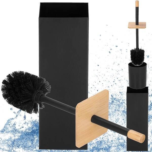 Szczotka do toalety z pojemnikiem metalowym, bambusowa WC brązowo-czarna zdjęcie 2