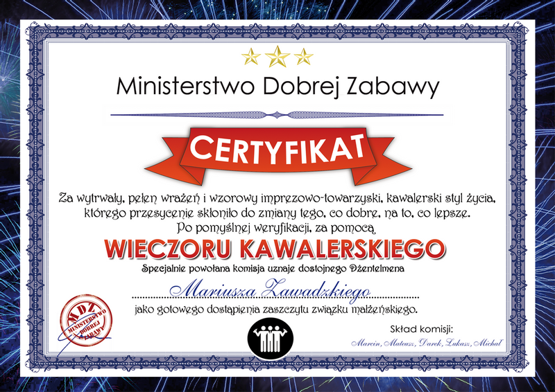 Prezent na Wieczór Kawalerski - Certyfikat, Dyplom na Kawalerskie A4 na Arena.pl