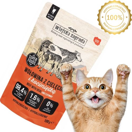 karma mokra dla kota wołowina z cielęciną i kocimiętka 100g wiejska zagroda na Arena.pl