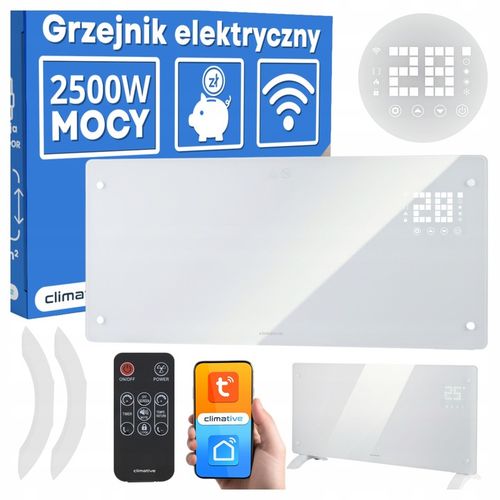Grzejnik elektryczny szklany konwektorowy Glow 2500W LED WiFi Tuya biały na Arena.pl