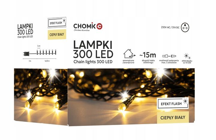 LAMPKI CHOINKOWE 300 LED ZEW/WEW 18M CIEPŁY BIAŁY EFEKT FLASH zdjęcie 6