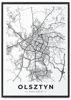 Plakat mapa Olsztyn czarnobiała 40x50 cm w czarnej ramie