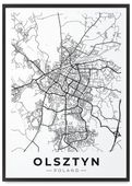 Plakat mapa Olsztyn czarnobiała 21x30 cm w czarnej ramie