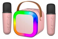 GŁOŚNIK PRZENOŚNY ZESTAW DO KARAOKE RGB BLUETOOTH 2 MIKROFONY USB JACK PINK