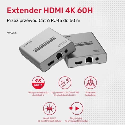 Unitek Ekstender HDMI 2.0 4K przez Ethernet do 60m na Arena.pl