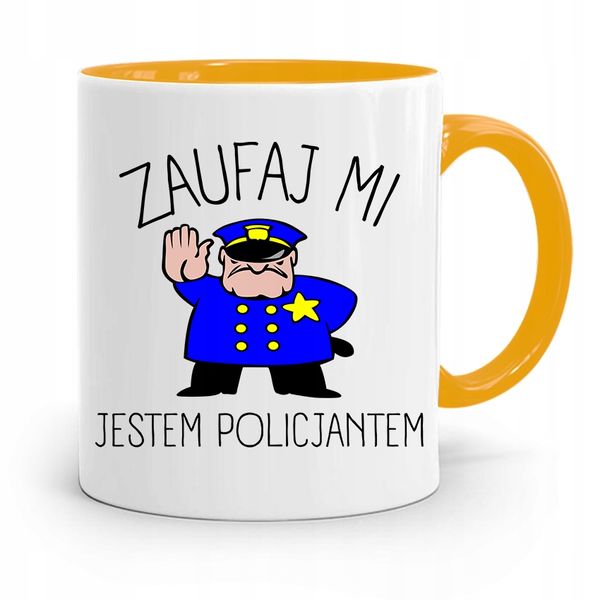 Kubek Żólty Dla Policjanta Policjantki Zaufaj Mi Z Nadrukiem Ze Zdjęciem zdjęcie 1