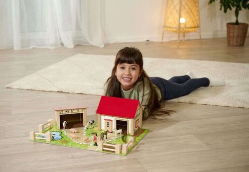 DUŻA DREWNIANA FARMA ZAGRODA + FIGURKI ZWIERZĄT KONIE ŚWINKI STAJNIA 25 EL. na Arena.pl