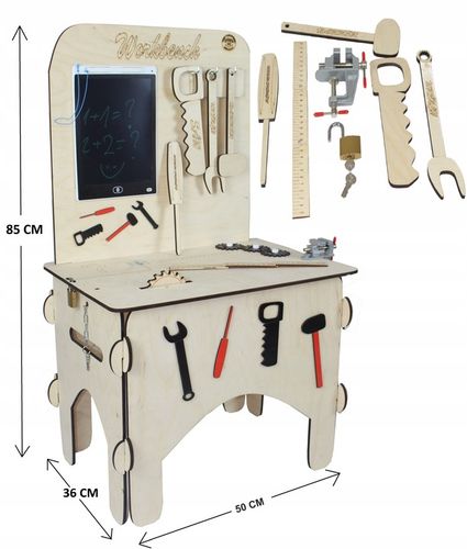 Drewniany warsztat majsterkowicza tablet kłódka imadło schowek piła POLSKI! na Arena.pl