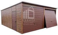 GARAŻ BLASZANY 6m x 5,8m poziom - spad tył 2x Brama uchylna + drzwi - ciemny orzech - drewnopodony 6x5,8