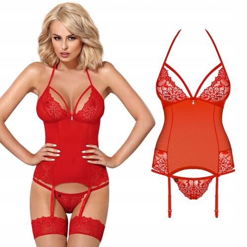 Seksowny gorset i stringi Obsessive czerwony S/M ozdobne strapsy na Arena.pl