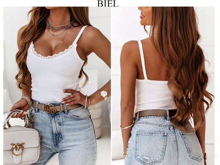 Bluzka damska z koronką prążkowana na ramiączkach modna koszulka S/M zdjęcie 10