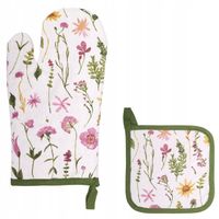 Rękawica kuchenna tekstylna gruba z podkładką bawełniana biała wzór kwiaty