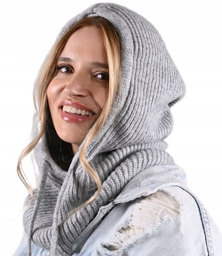 Czapka damska szara KAPTUR modny balaclava Kominiarka komin miekka zimowa na Arena.pl