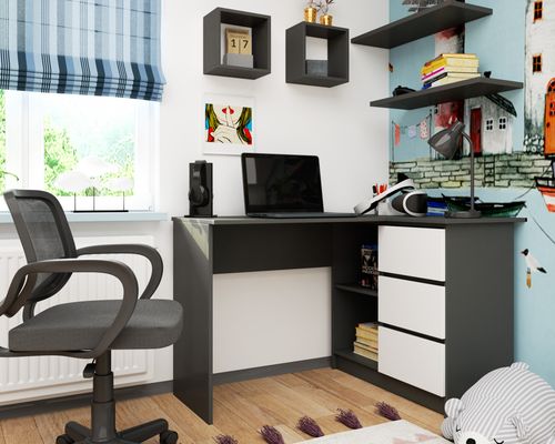 Biurko narożne B16 124 cm prawe 3 szuflady - grafit szary-białe na Arena.pl