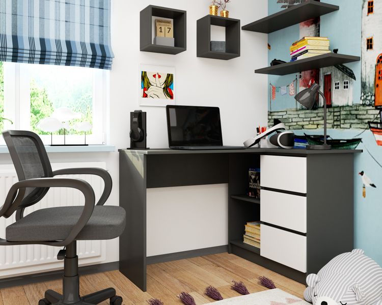 Biurko narożne B16 124 cm prawe 3 szuflady - grafit szary-białe zdjęcie 5