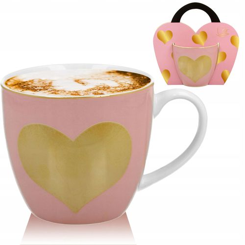 KUBEK RÓŻOWY SERCE DUŻY 460ML Z UCHEM UNIWERSALNY PORCELANA DO KAWY HERBATY na Arena.pl