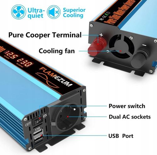 Przetwornica FLAMEZUM 1000/2000 W z 12 V/230 V czysta sinusoida 2xUSB 1x230 na Arena.pl