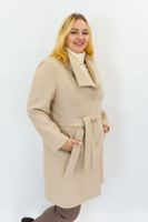 Długi Zimowy Płaszcz Damski z Paskiem Beżowy 50