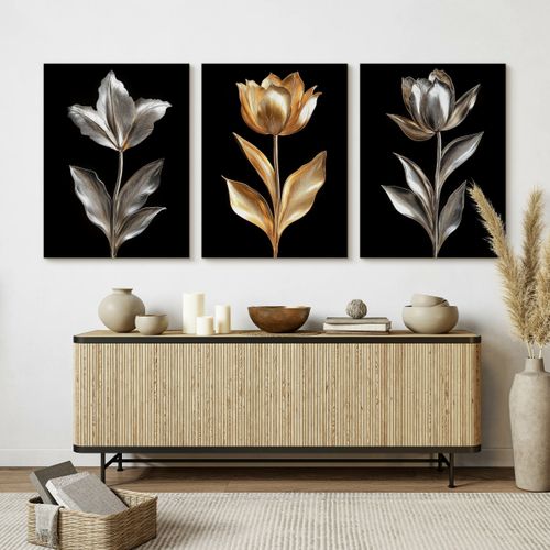 Obrazy Do Sypialni Set Złote Srebrne Kwiaty Natura Styl Glamour 90cm x 40cm na Arena.pl