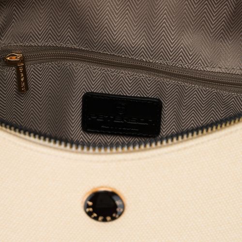 saszetka damska w kolorze ecru z czarnymi elementami, wykonana z materiału na Arena.pl