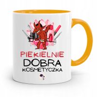 Kubek Żółty Dla Kosmetyczki Piekielnie Dobra Z Nadrukiem Ze Zdjęciem