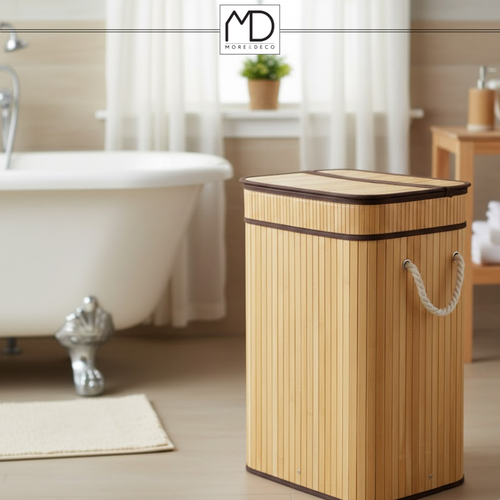 SKŁADANY KOSZ POJEMNIK NA PRANIE BIELIZNĘ Z POKRYWĄ BAMBUSOWY DREWNIANY 80L na Arena.pl