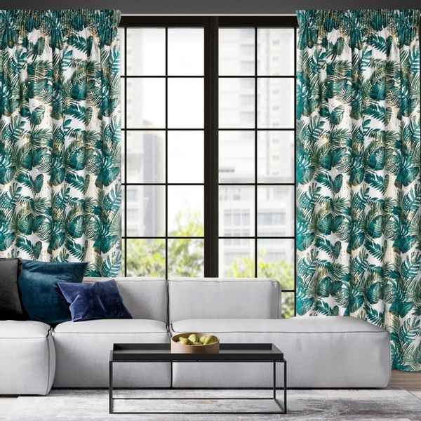 Zasłona gotowa na taśmie DAVOS 140x270 biało zielona w liście monstery zdjęcie 14