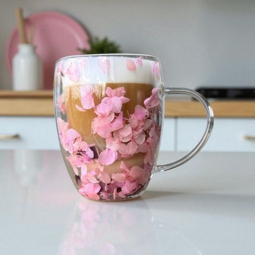 szklanka termiczna z kwiatami w środku, gipsówka hortensje róż na Arena.pl