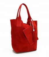 VERA PELLE torebka zamszowa worek shopper z saszetką V093 czerwona