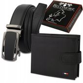 Zestaw prezentowy męski skórzany pasek portfel czarny pudełko