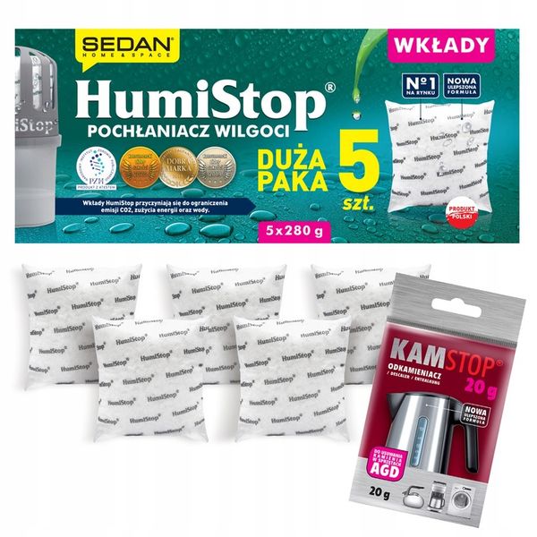 HUMISTOP WKŁAD ZAPAS DO POCHŁANIACZA WILGOCI X 5 + ODKAMIENIACZ GRATIS zdjęcie 1