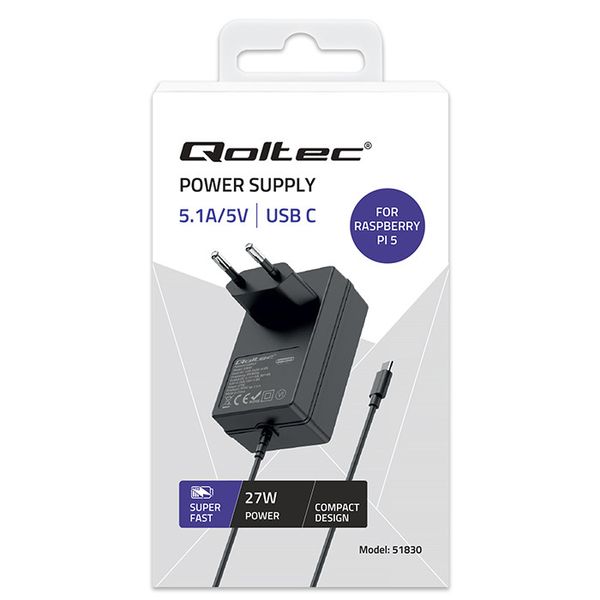 Qoltec Ładowarka Super FAST PD do Raspberry PI 5 USB-C 27W 5.1V 5A Czarna zdjęcie 12