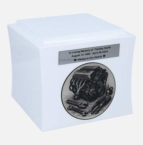 Urna kremacyjna dla mechanika, miłośnika samochodów Biały/Wzór1/Plakietka na Arena.pl